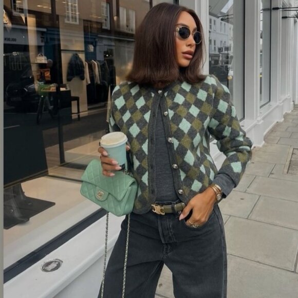 ZARA ARGYLE KNIT JACQUARD CARDIGAN - Picture 2 of 6